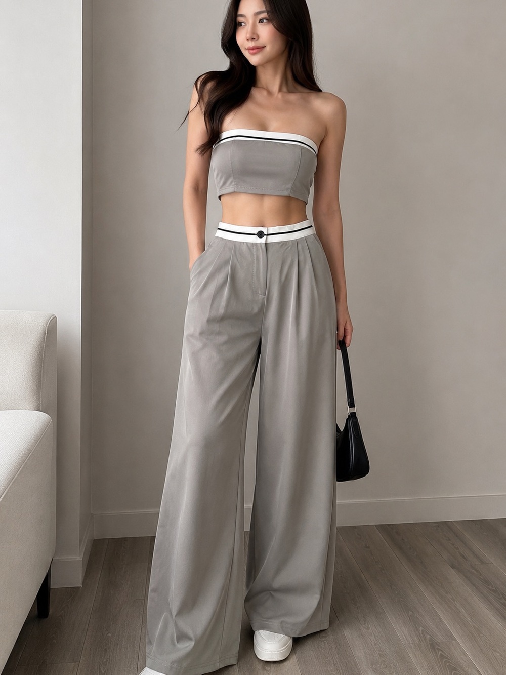 Tailored Wide-Leg Crop Set — Grey